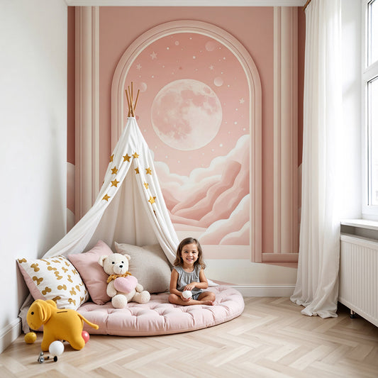 Kids-Mundo pink moon nursery wallpaper showing an archway of clouds opening onto a glowing full moon