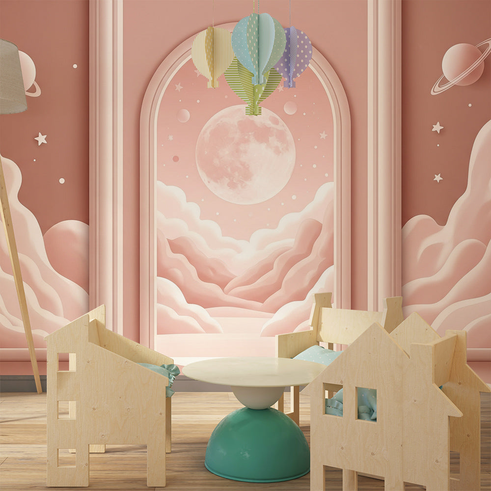 Kids-Mundo pink moon wall mural in a playroom, featuring a soft archway and starry dusk sky