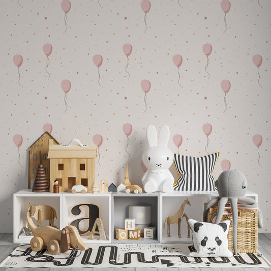 Pink balloon pattern wall mural by Kids-Mundo covering a wall in a kids bedroom
