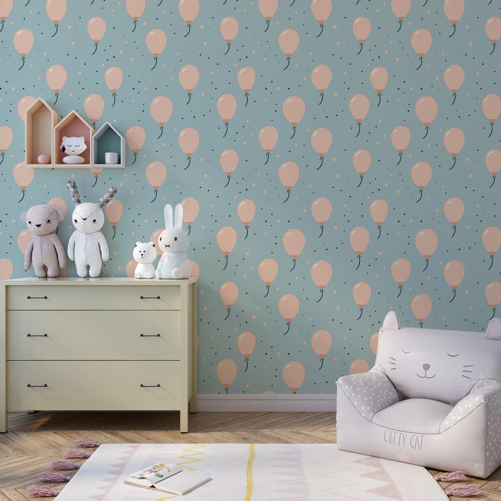 Festive balloon wallpaper with blue background decorating children's bedroom space