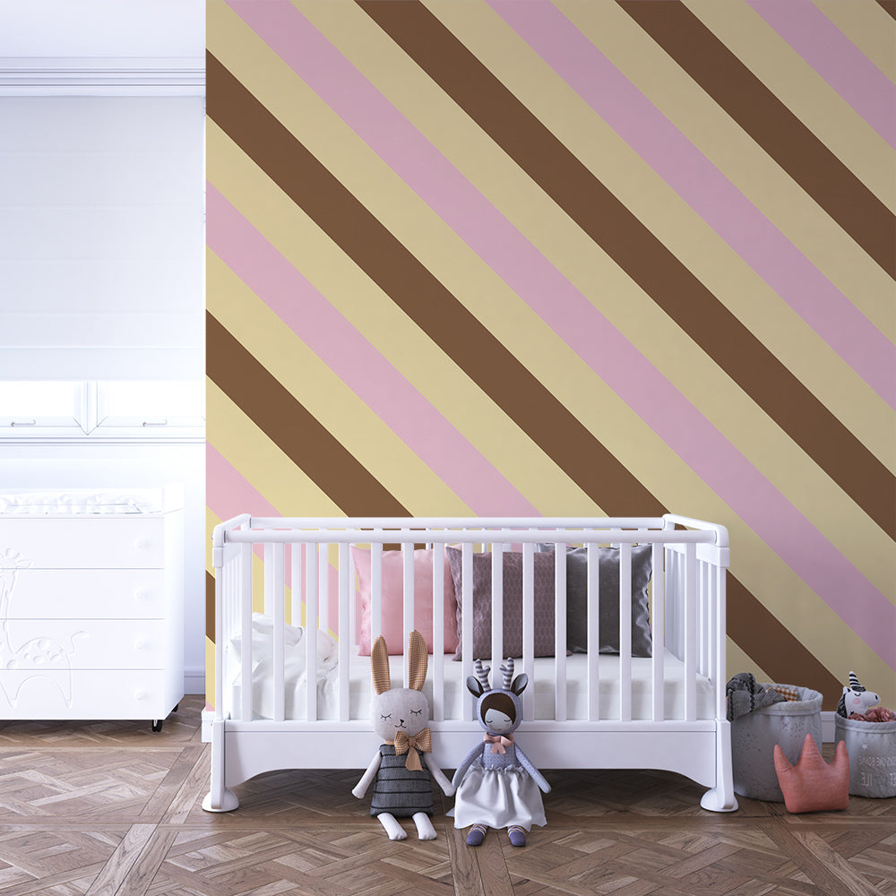 Kids-Mundo pink and brown stripe wallpaper mural styled in a cosy children's bedroom