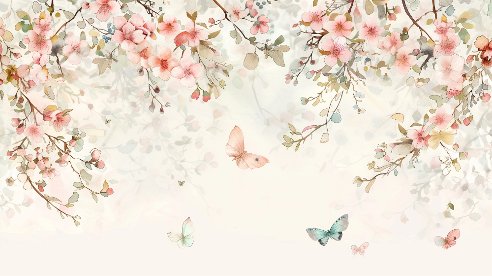Pink Blossom Branches with Pastel Butterflies Wall Mural