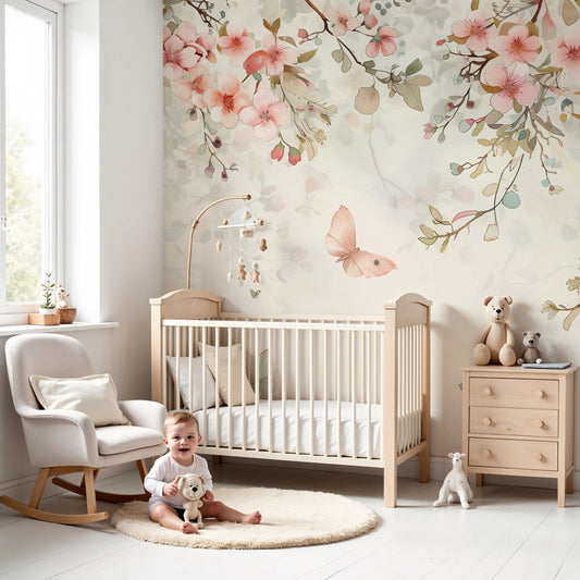 Kids-Mundo pink blossom branch wall mural styled in a soft pastel nursery