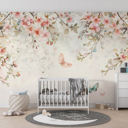 Kids-Mundo pastel blossom wall mural brightening a gentle children's playroom