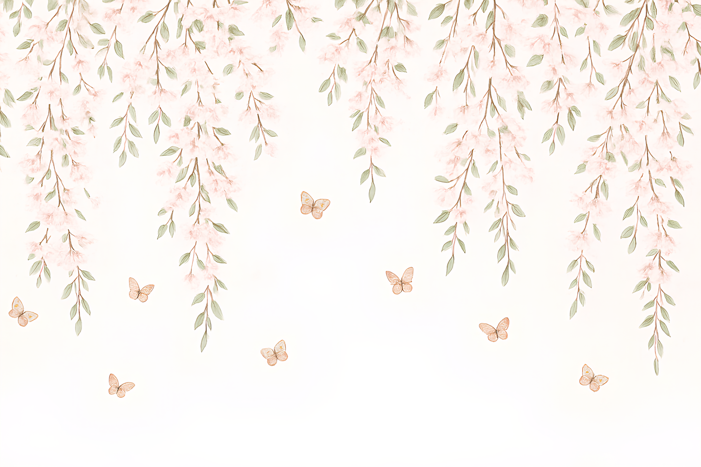 Kids-Mundo flat artwork of delicate pink blossom branches with fluttering butterflies.