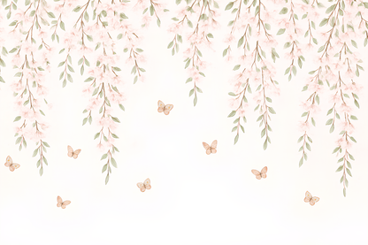 Kids-Mundo flat artwork of delicate pink blossom branches with fluttering butterflies.
