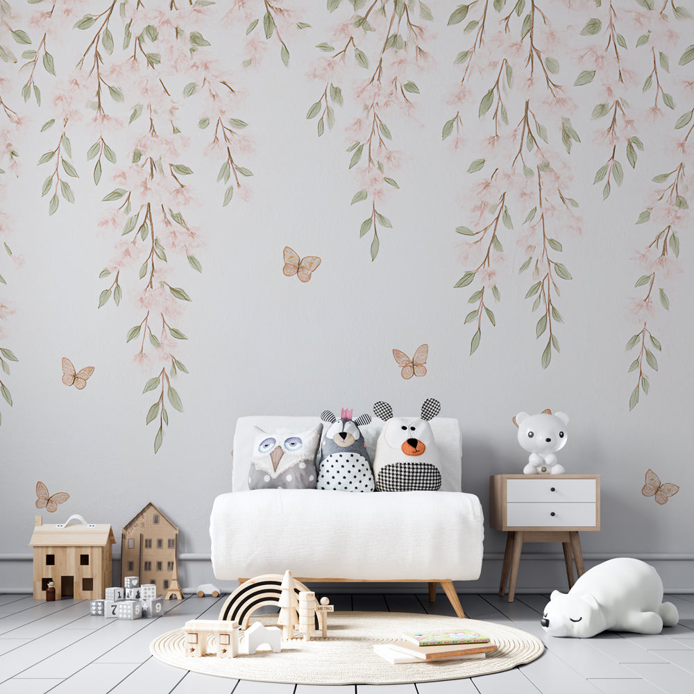 Kids-Mundo blossom and butterfly mural bringing soft floral charm to a playroom wall.