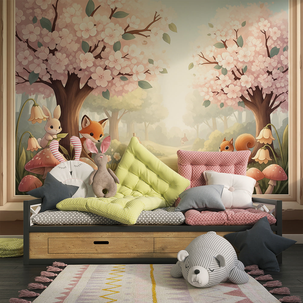 Kids-Mundo blossom woodland fox wall mural styled behind a bed in a soft pink kids bedroom