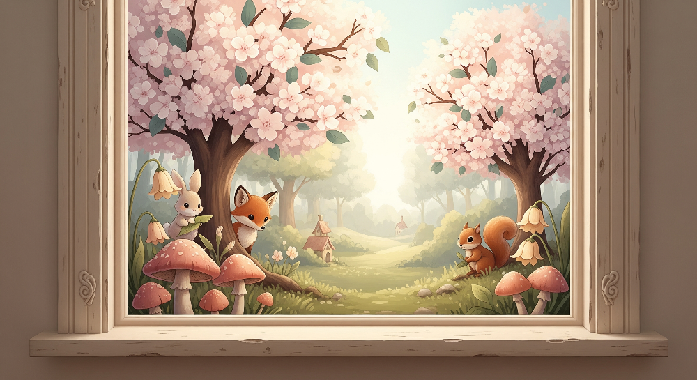 Kids-Mundo flat artwork preview of the blossom woodland wall mural featuring a fox, bunny, squirrel and cherry blossom trees