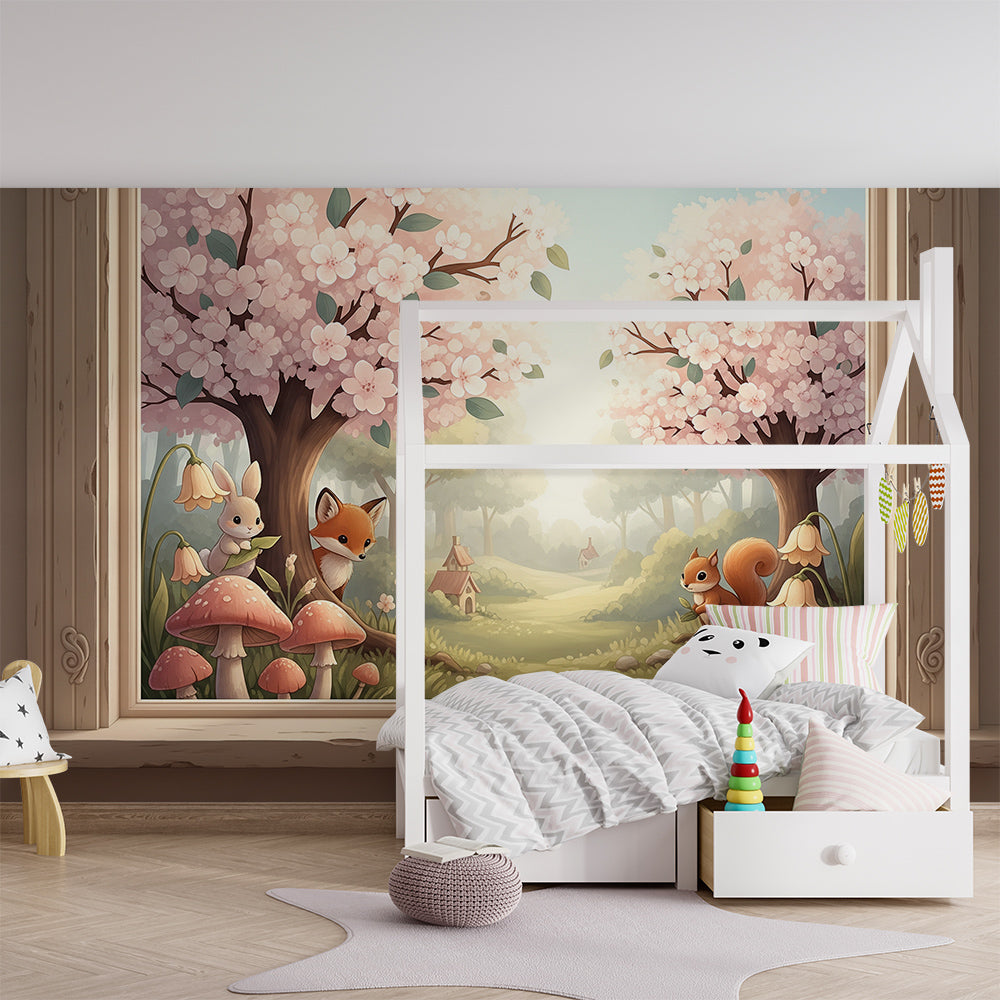 Kids-Mundo woodland blossom mural with fox, bunny and squirrel brightening a child's playroom wall