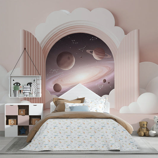 Kids-Mundo galaxy archway mural above a bed in a child's pink bedroom.
