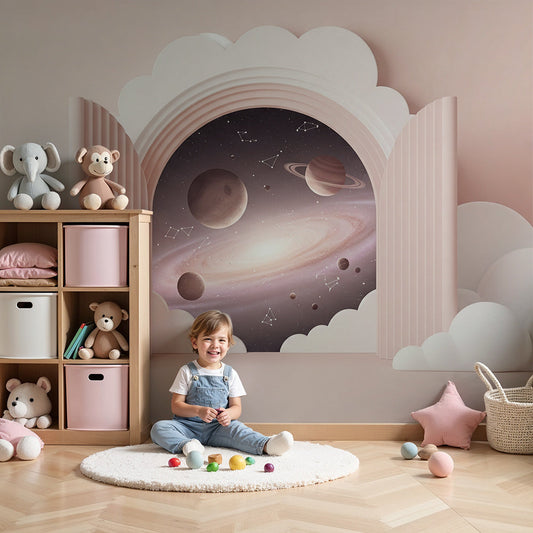 Kids-Mundo pink cloud galaxy wall mural framing a cot in a soft pink nursery.