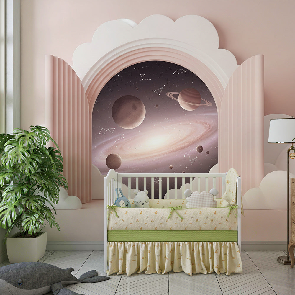 Kids-Mundo pink cloud galaxy wall mural adding a starlit feature to a playroom.