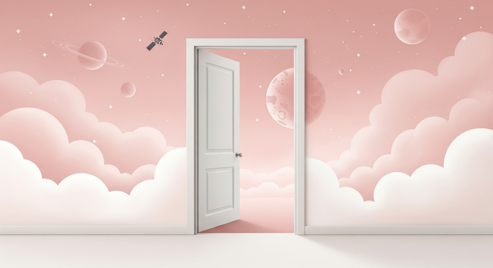 Dreamy Pink Clouds Space Door Wall Mural