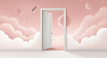 Kids-Mundo flat artwork of an open door framed by pink clouds, stars and a ringed planet