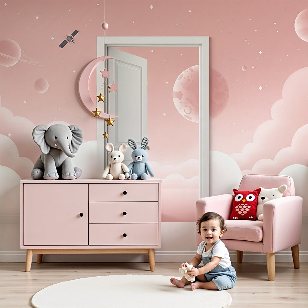 Kids-Mundo pink clouds space door wall mural styled softly in a dreamy baby nursery