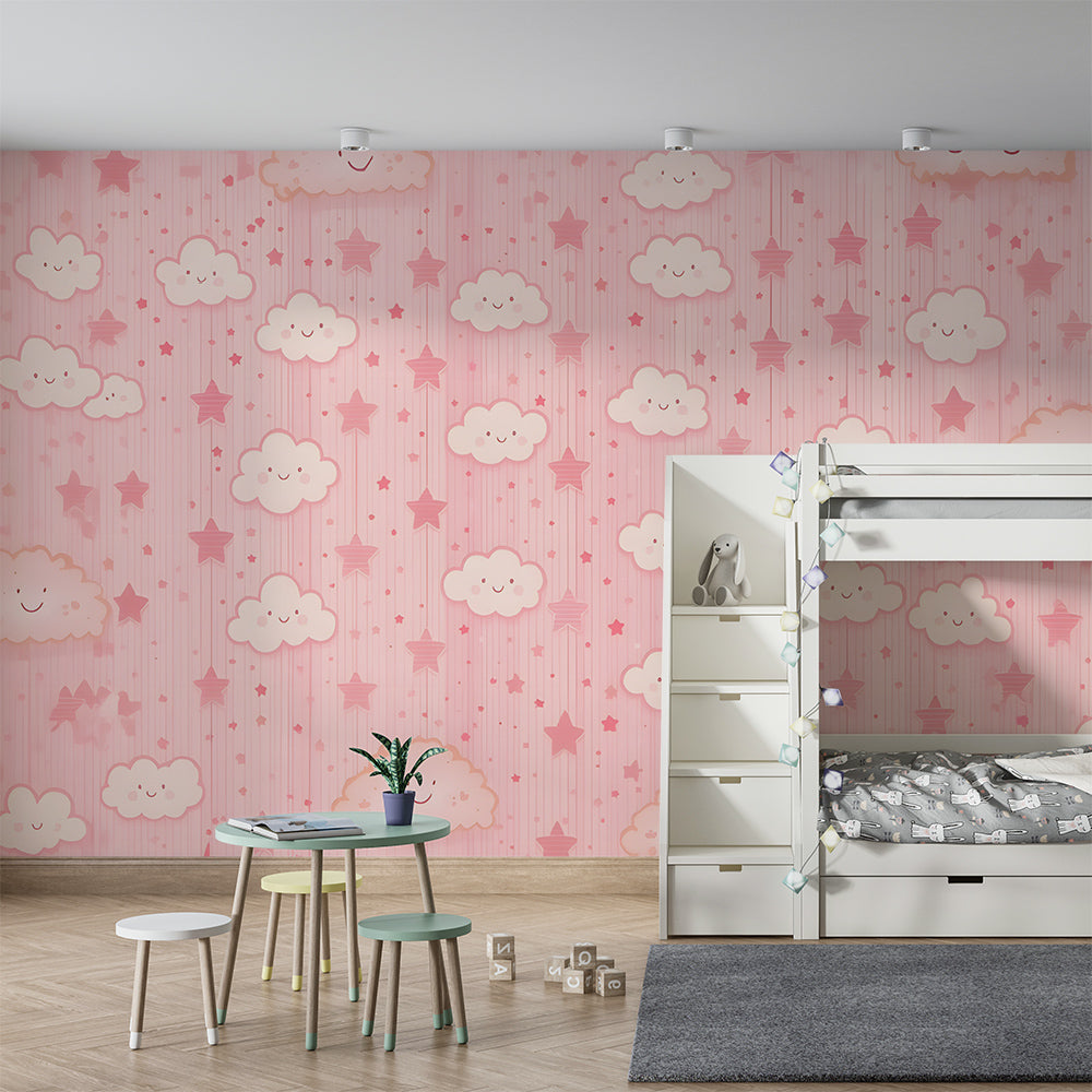 Kids-Mundo pink cloud wall mural covering a playroom wall with toys and soft flooring below