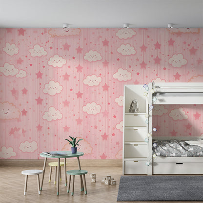 Kids-Mundo pink cloud wall mural covering a playroom wall with toys and soft flooring below