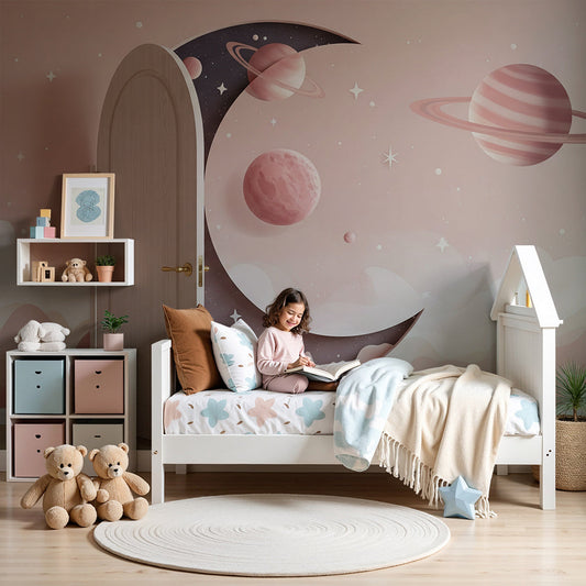 Kids-Mundo pink crescent moon wall mural styled as soft nursery wallpaper behind a cot