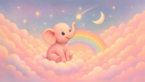 Detailed pink elephant mural wallpaper design pattern with clouds and rainbow by Kids-Mundo