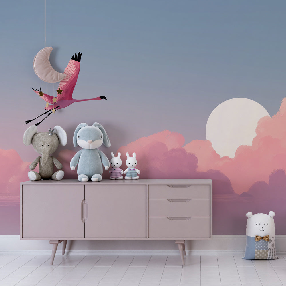 Pastel flamingo wall mural in modern kids bedroom with soft pink and blue color palette
