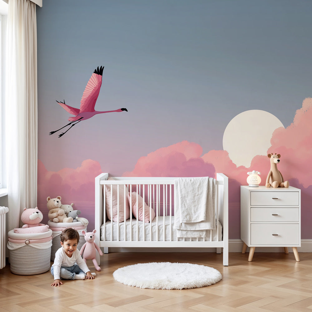 Pink flamingo mural wallpaper creating serene nursery decor with pastel sky theme by Kids-Mundo
