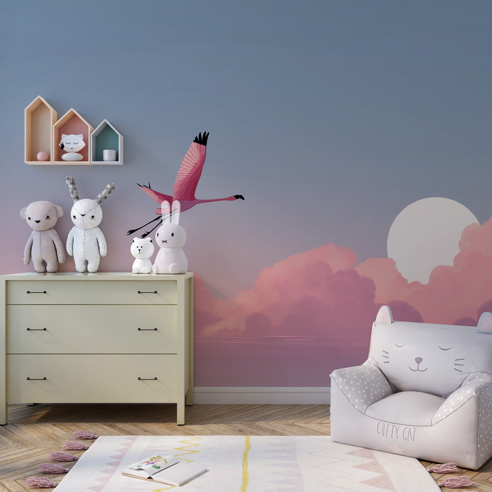 Children's flamingo wallpaper transforming playroom with dreamy pastel clouds and sunshine
