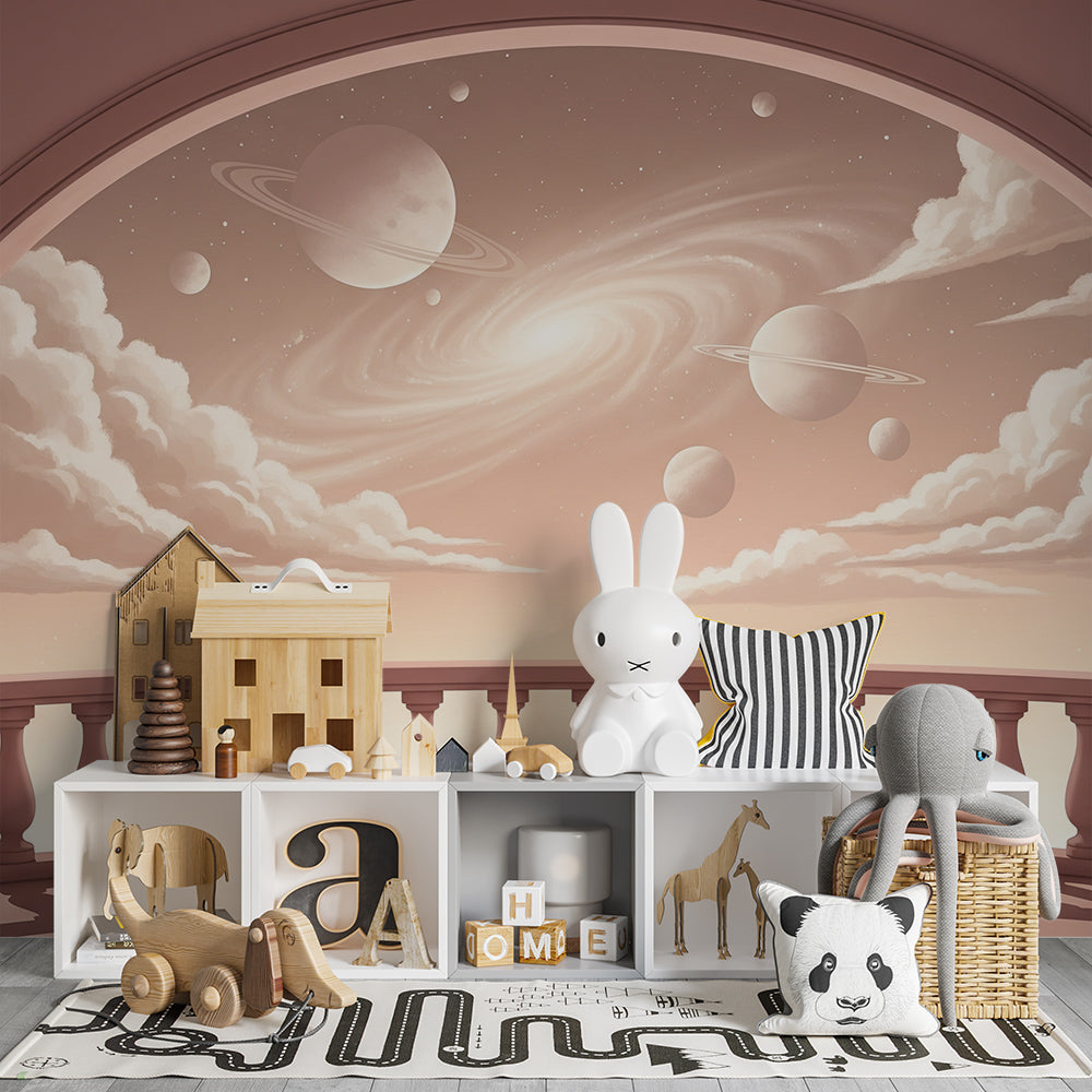 Kids-Mundo swirling galaxy balcony mural fitted to a young child's bedroom wall