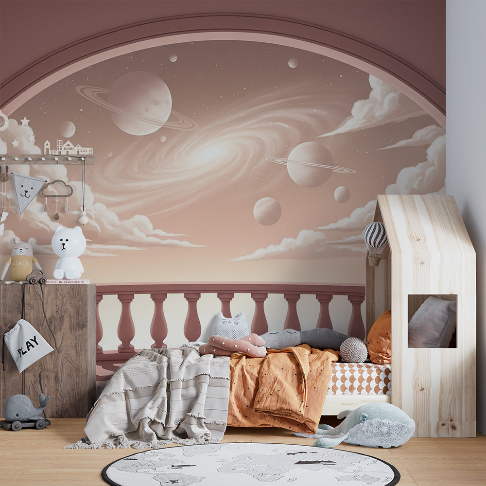 Kids-Mundo pink galaxy balcony wallpaper design shown in a bright playroom setting