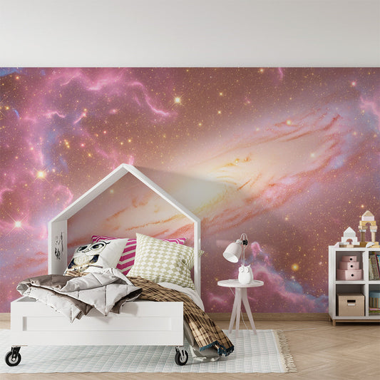 Kids-Mundo glowing pink galaxy mural as a feature wall in a girl's kids bedroom.