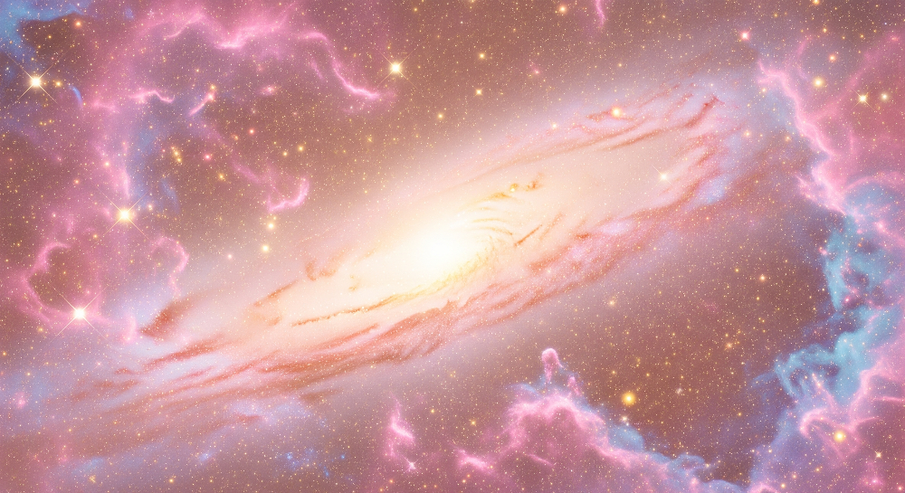 Kids-Mundo flat artwork of a swirling pink and gold galaxy nebula scattered with stars.