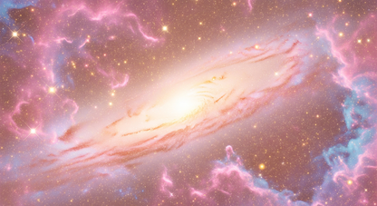 Kids-Mundo flat artwork of a swirling pink and gold galaxy nebula scattered with stars.