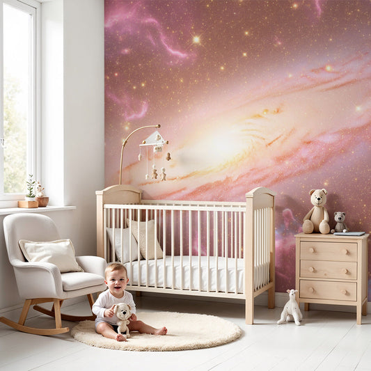 Kids-Mundo pink galaxy nebula wall mural behind a cot in a soft pink nursery.