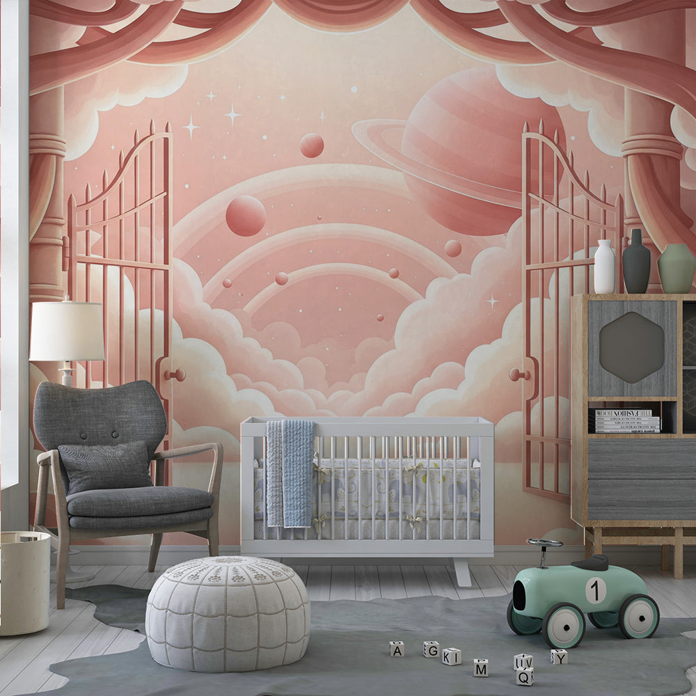 Kids-Mundo blush pink planet gateway wall mural styled in a young child's bedroom