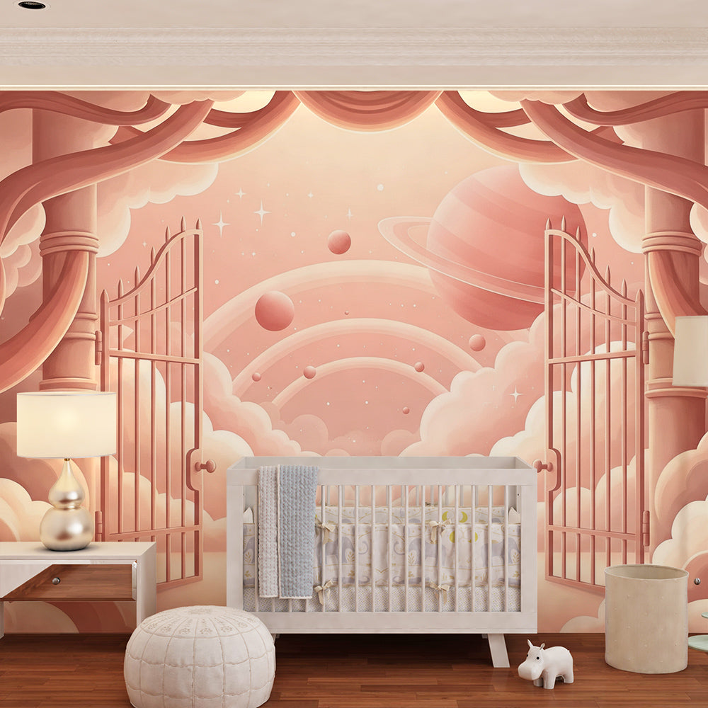 Kids-Mundo dreamy pink space mural with open gates and stars in a playroom setting