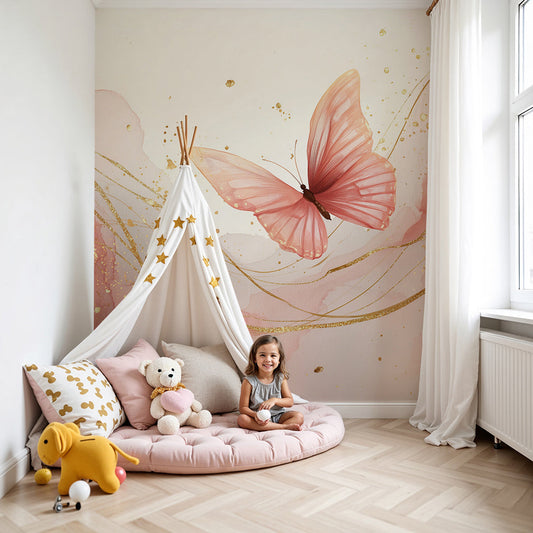 Kids-Mundo pink and gold butterfly wall mural styled on a feature wall in a soft nursery.