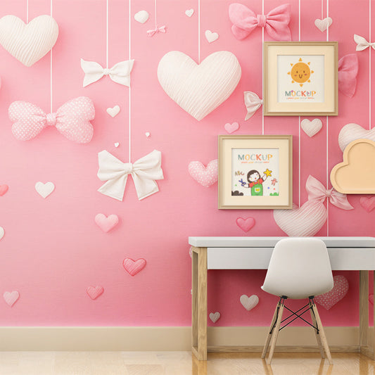 Kids-Mundo pink hearts and bows wallpaper mural in a young girl's cosy bedroom corner.