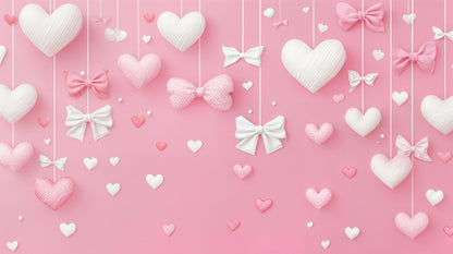 Kids-Mundo flat artwork of hanging pink and white hearts with ribbon bows on a pink backdrop.