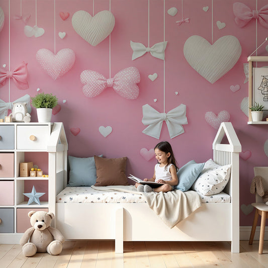 Kids-Mundo hearts and bows wall mural styled in a soft pink baby girl nursery with a white cot.