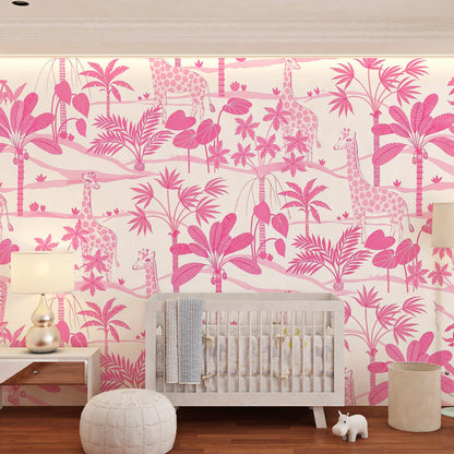 Kids-Mundo pink giraffe wall mural covering a wall in a girl's bedroom with bed and toys
