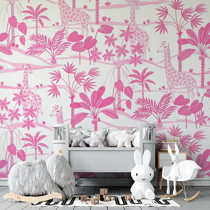 Kids-Mundo pink jungle giraffe mural brightening a playroom wall with shelving and a rug