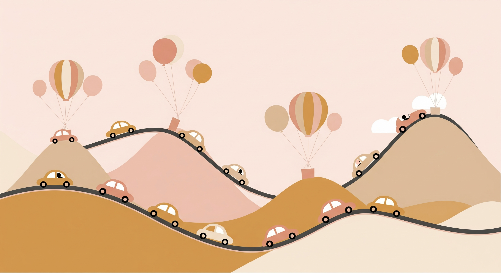 Blush Pink Mountain Road with Cars and Balloons Wall Mural