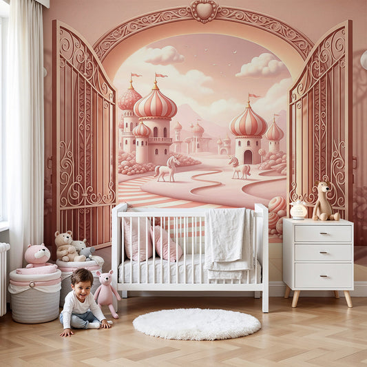 Kids-Mundo pink palace unicorn wall mural mockup styled in a soft pastel nursery interior.