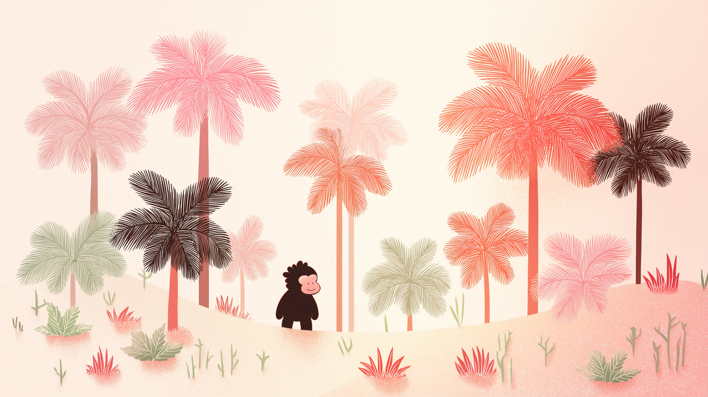 Kids-Mundo flat artwork of a monkey walking through pink palm trees mural design
