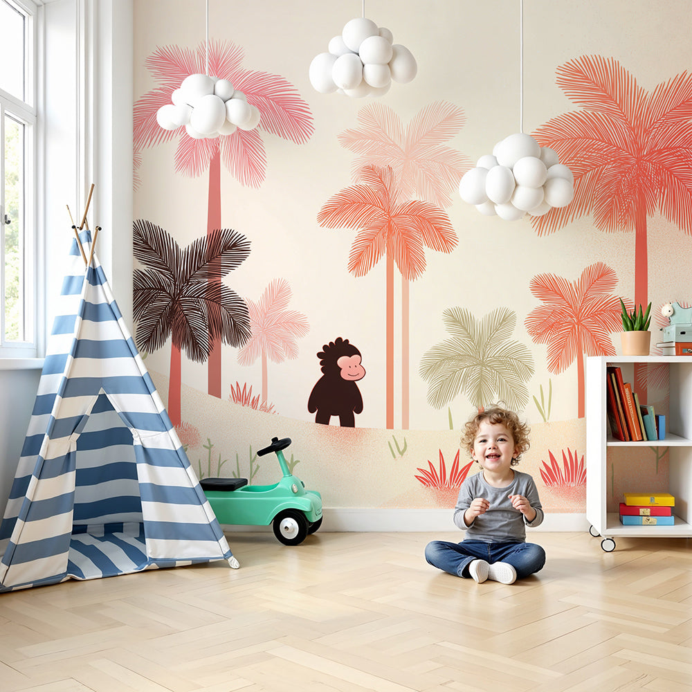 Kids-Mundo pink palm tree monkey wall mural made to measure for a baby nursery feature wall