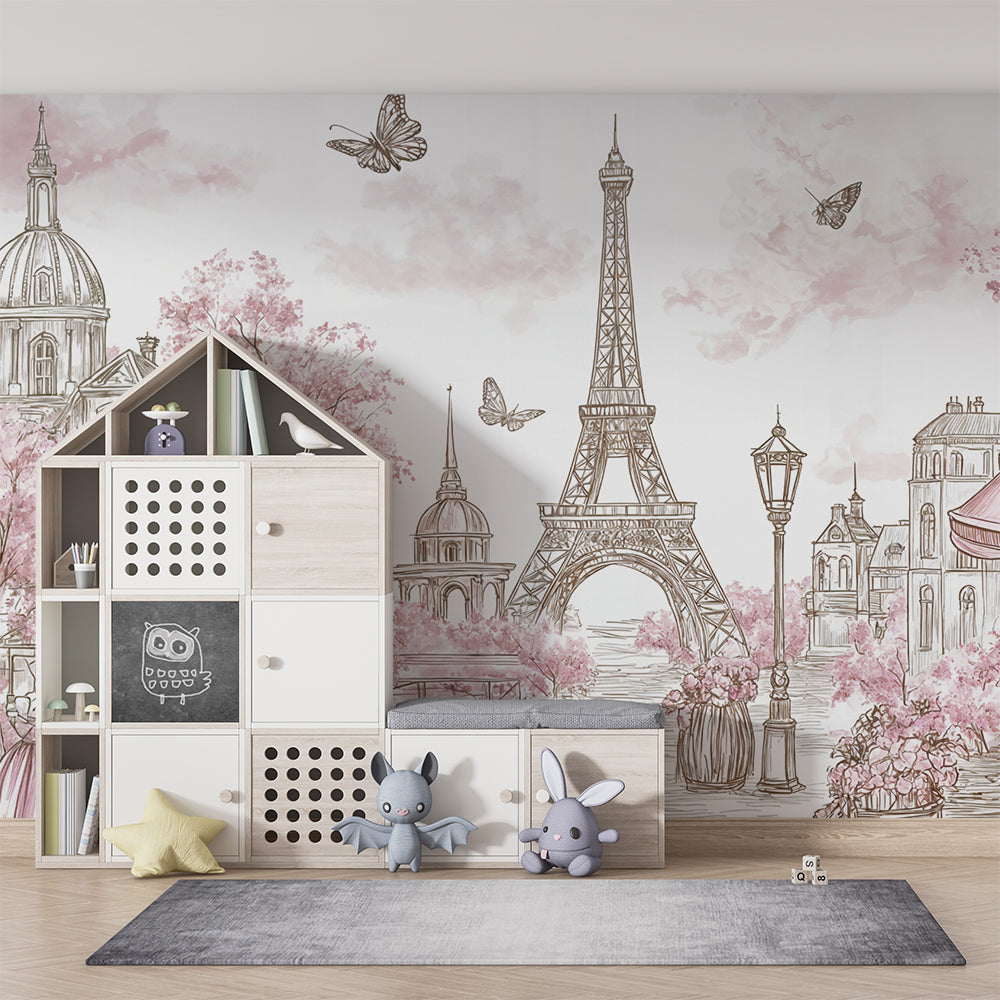 Kids-Mundo Paris wall mural with Eiffel Tower sketch in a children's bedroom