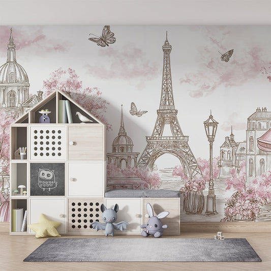Kids-Mundo Paris wall mural with Eiffel Tower sketch in a children's bedroom