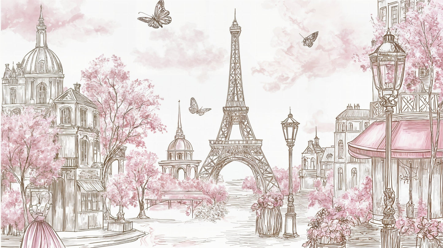 Kids-Mundo Paris wall mural flat artwork showing a sketched Eiffel Tower and blossom trees