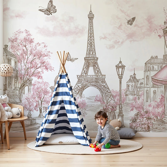 Kids-Mundo pink Paris wall mural styled on a feature wall in a girls' nursery