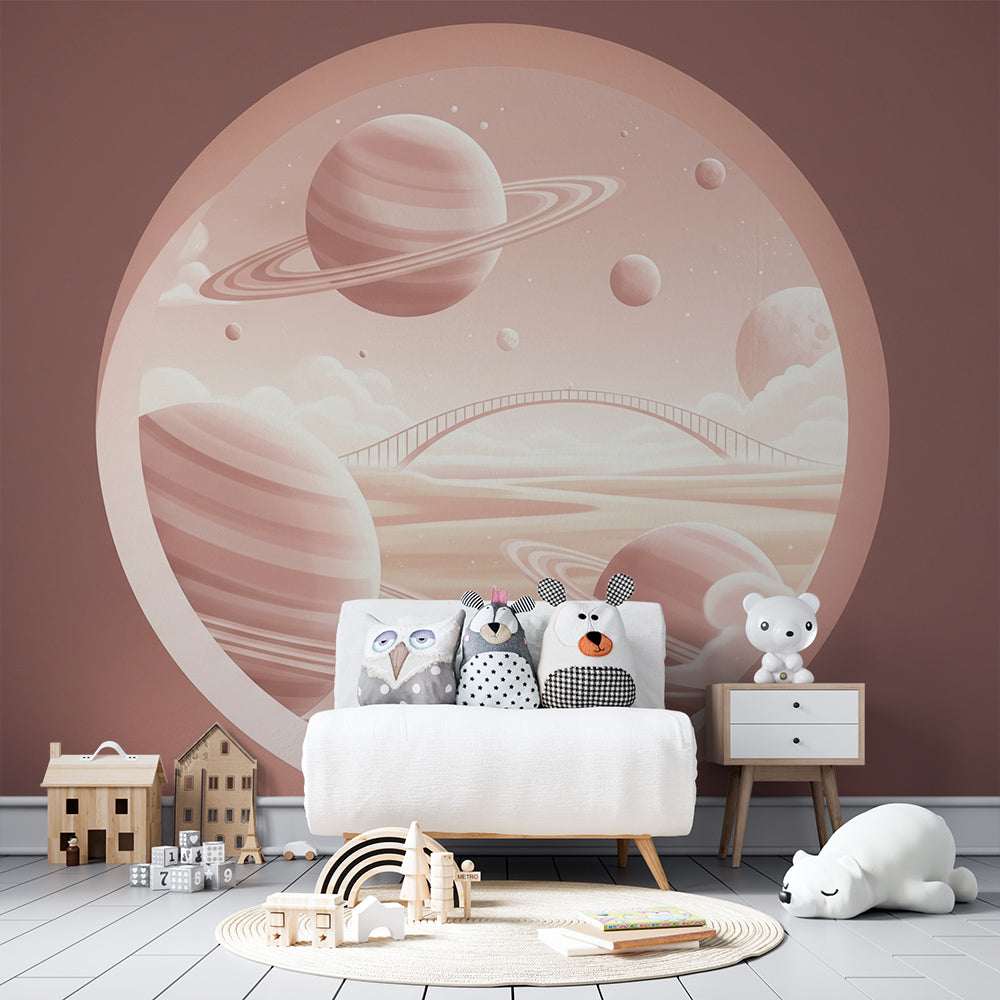 Kids-Mundo pink planet portal mural on a kids bedroom wall, with a soft bridge over pastel clouds